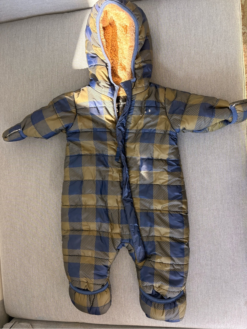 Eddie Bauer Blue and Olive Plaid Infant Puffer Jacket with Sherpa Lining